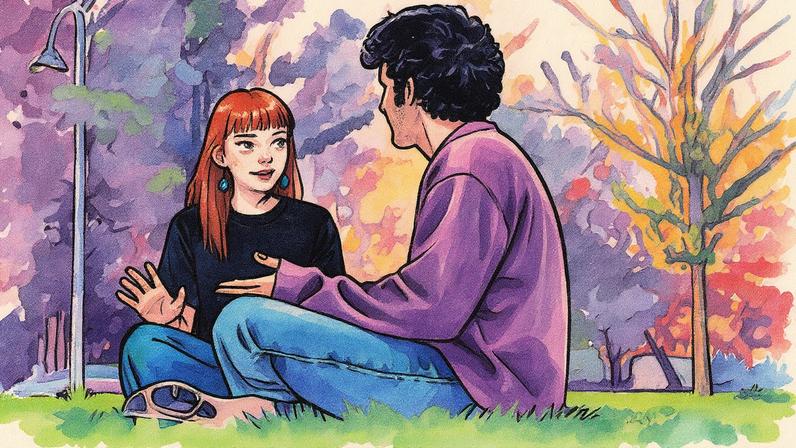 Dois jovens conversam amistosamente sentados no gramado ao ar livre (Foto: Reprodução)