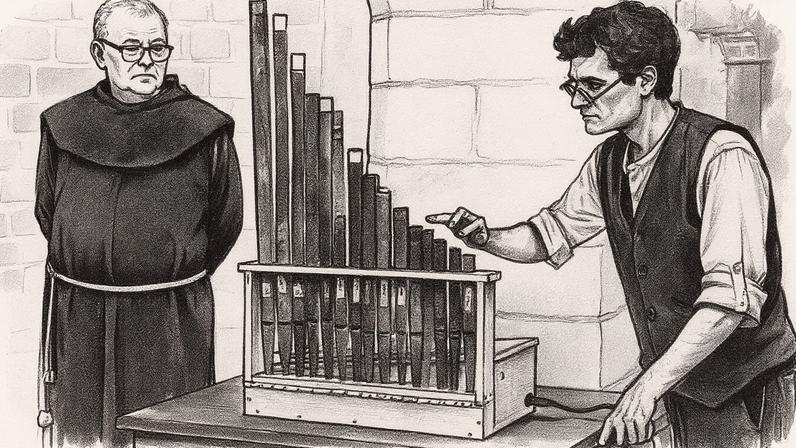 Músico e musicólogo valenciano David Catalunya apresenta um órgão do século XI, considerado o mais antigo do mundo cristão, que foi tocado pela primeira vez em 800 anos após restauração, no Mosteiro de São Salvador, na Cidade Velha de Jerusalém (Foto: Reprodução)