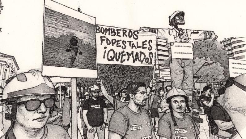 Bombeiros forestais se manifestam nas ruas de Murcia para exigir melhorias laborais e estabilidade no setor (Foto: Reprodução)