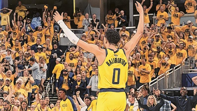 Tyrese Haliburton comemora após fazer cesta no Jogo 6 das Finais da NBA entre Indiana Pacers e Oklahoma City Thunder (Foto: Reprodução)