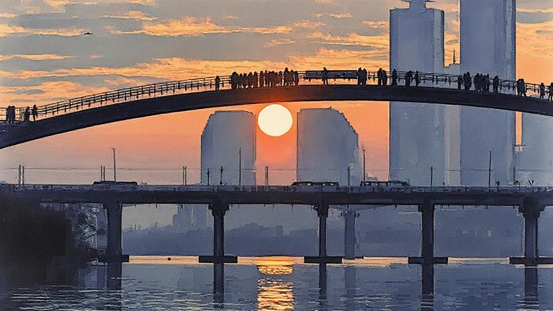 Pessoas assistem ao primeiro nascer do sol do ano novo de uma passarela com vista para o horizonte da cidade de Seul em 1º de janeiro de 2024 (Foto: Reprodução)