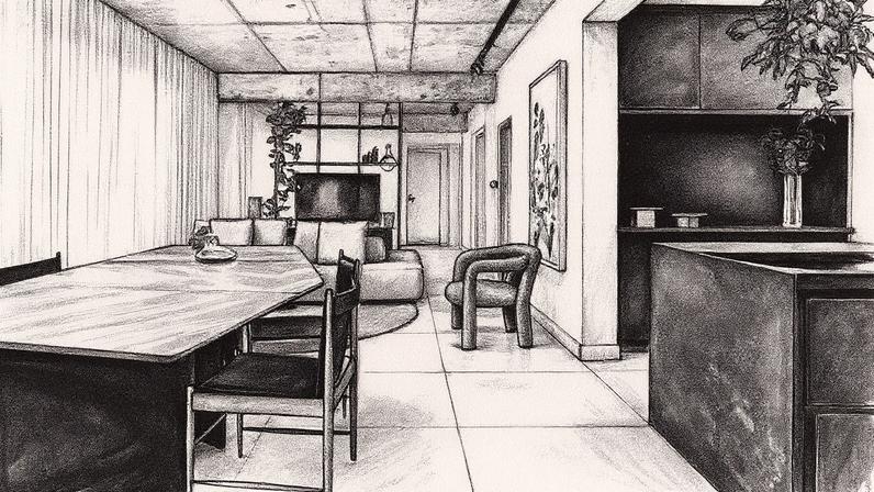 Ambiente contemporâneo com laje de concreto aparente e marcenaria planejada, grandes aberturas de vidro com cortinas de tecido e piso de porcelanato Cemento Grigio (Foto: Reprodução)