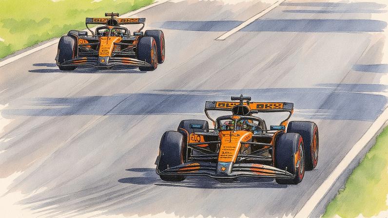 Lando Norris e Oscar Piastri na pista após o pit stop no GP da Itália, em Monza (Foto: Reprodução)