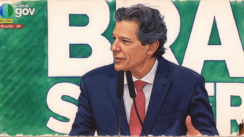 Homem de terno fala ao microfone durante apresentação em um palco com gráfico ao fundo (Foto: Reprodução)