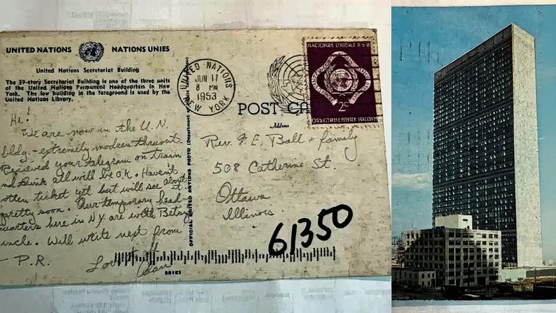Cartão-postal enviado em 1953, encontrado em uma agência dos correios em Illinois (Foto: Reprodução)