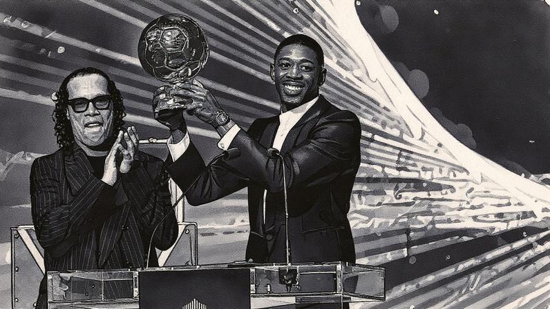 Atacante Ousmane Dembélé, do Paris Saint-Germain, recebe o prêmio Bola de Ouro de Ronaldinho durante cerimônia no Théâtre du Chatelet, em Paris (Foto: Reprodução)