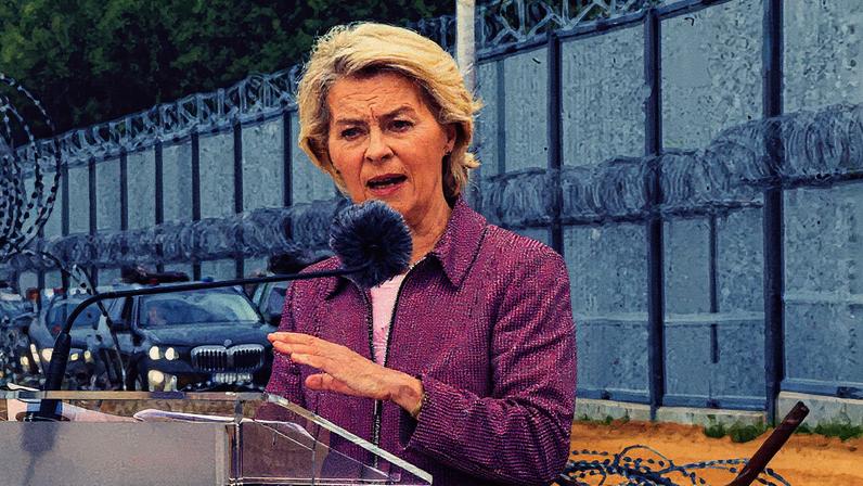 Ursula von der Leyen dá entrevista na fronteira da Polônia com Belarus durante visita a países da 'linha de frente russa' (Foto: Reprodução)