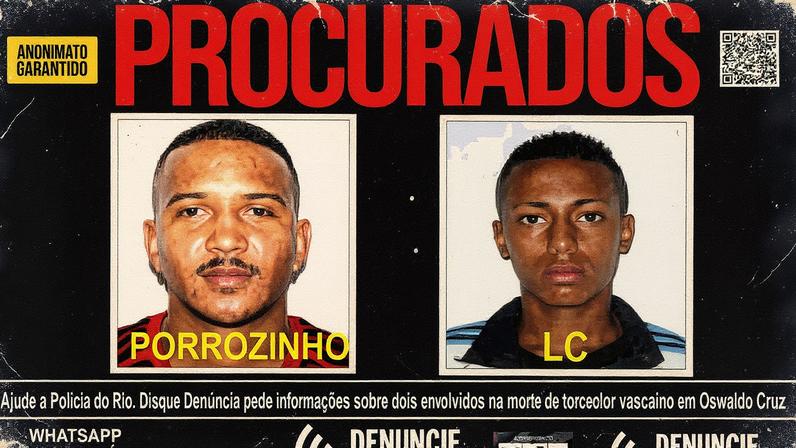 Cartaz do Disque Denúncia busca Everton Oliveira da Silva, o “Porrozinho”, e Lucas Machado de Jesus, o “LC”, suspeitos de assassinato (Foto: Reprodução)