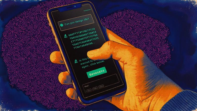 Uma mão segura um telefone exibindo a pergunta "Você pode projetar a vida?" para um chatbot de IA, que responde com várias linhas de "ATGC" (Foto: Reprodução)