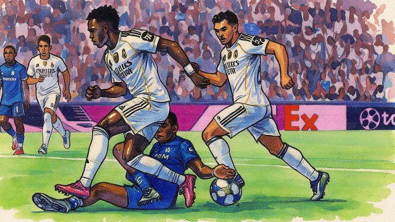 Zagueiro Medina toca a bola com a mão esquerda diante de Vini Jr. em partida entre Real Madrid e Olympique de Marselha (Foto: Reprodução)