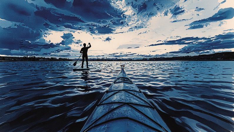 Homem faz paddle surf na laguna de Piuray, ao lado de uma canoa (Foto: Reprodução)