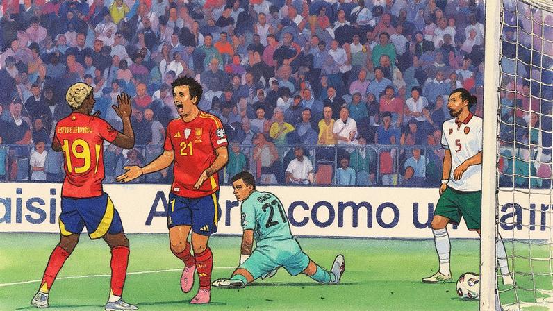 Jogadores da seleção espanhola, Oyarzabal e Lamine Yamal, celebram um gol durante a partida contra a Bulgária em Sofía (Foto: Reprodução)