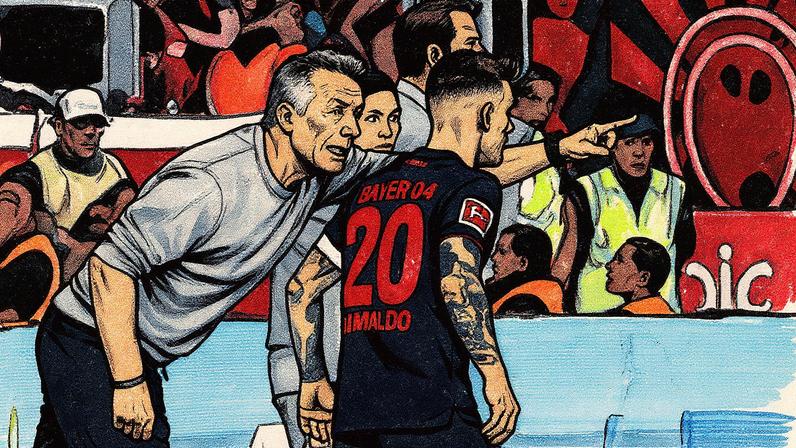 Técnico orienta jogador durante partida entre Bayer Leverkusen e Eintracht Frankfurt (Foto: Reprodução)