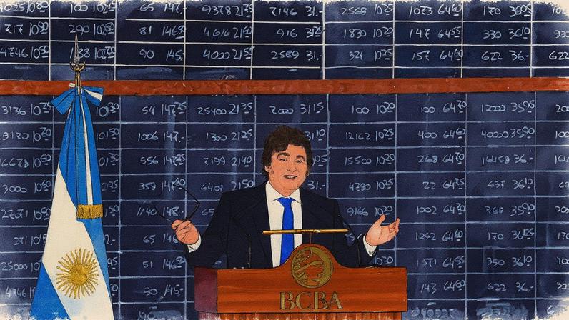 Presidente da Argentina, Javier Milei, discursa durante cerimônia de aniversário da Bolsa de Valores de Buenos Aires (Foto: Reprodução)