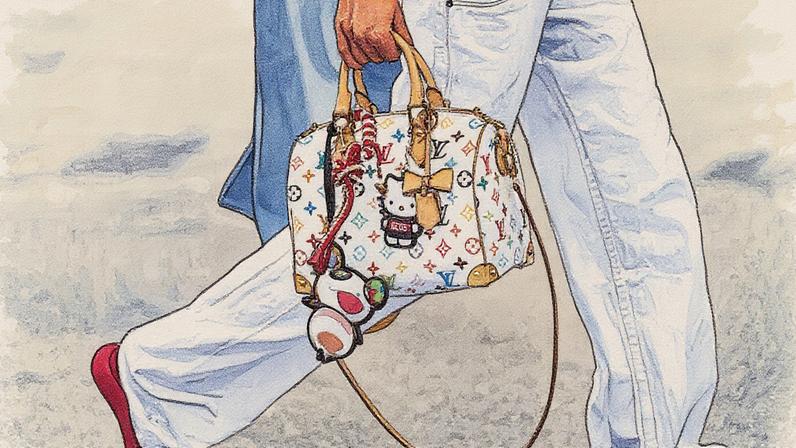 Acessório trançado vermelho e branco com charms da Hello Kitty e chaveiro Panda Superflat da Louis Vuitton X Murakami preso a uma bolsa da Louis Vuitton (Foto: Reprodução)