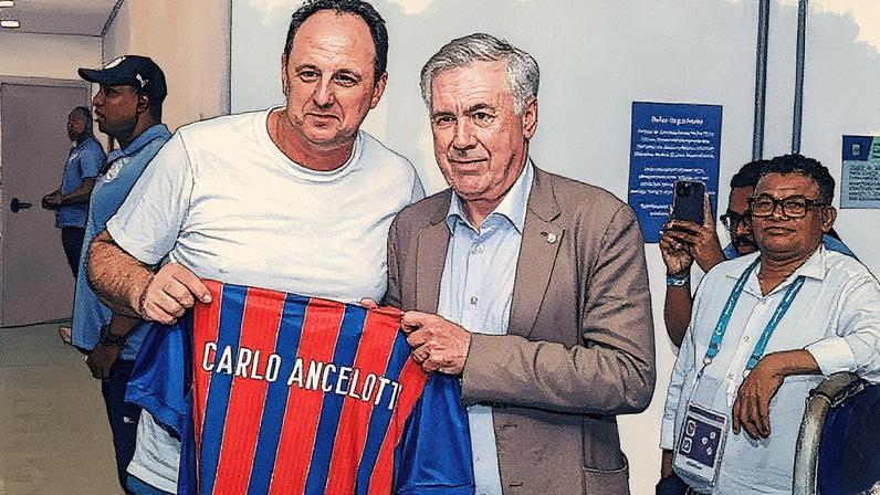 Rogério Ceni entrega camisa do Bahia para Carlo Ancelotti (Foto: Reprodução)