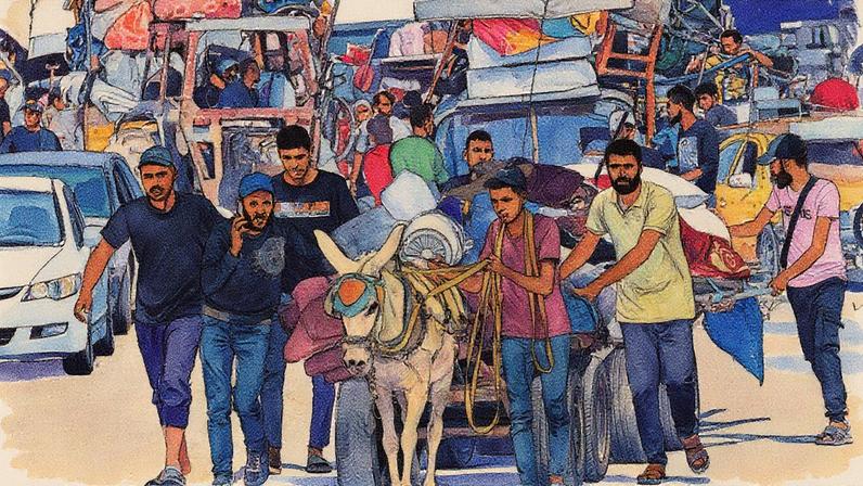 Palestinos deslocados caminham carregando seus pertences ao longo da estrada costeira, perto do Wadi Gaza, no norte da Faixa de Gaza (Foto: Reprodução)