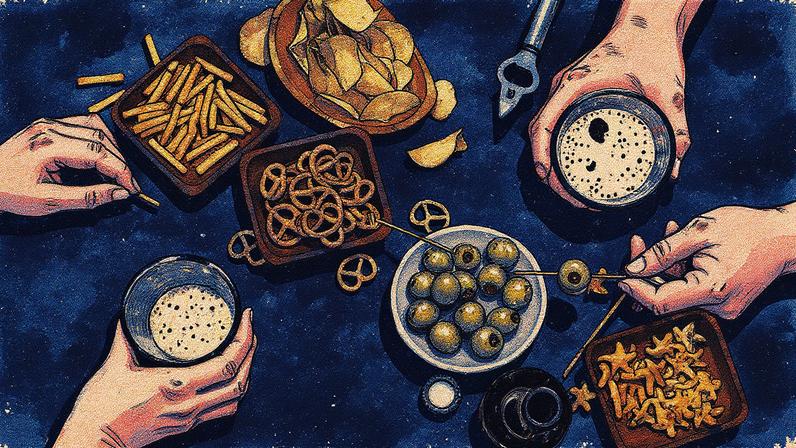 Casal segurando copos de cerveja em uma mesa, com petiscos ao redor, visto de cima (Foto: Reprodução)