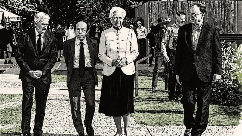 Christine Lagarde, Jerome Powell, Kazuo Ueda e Andrew Bailey caminham juntos durante o Simpósio de Política Econômica de Jackson Hole (Foto: Reprodução)