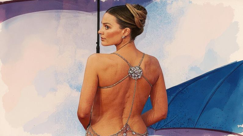 Margot Robbie em evento de gala, usando um vestido elegante e sorrindo para a câmera (Foto: Reprodução)