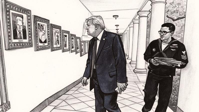 Presidente dos Estados Unidos observa fotos de seus antecessores na Casa Branca (Foto: Reprodução)