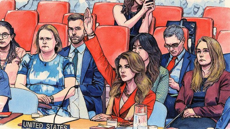 Embaixadora adjunta dos EUA para o Oriente Médio, Morgan Ortagus, levanta a mão para vetar um projeto de resolução durante reunião do Conselho de Segurança da ONU sobre a situação em Gaza (Foto: Reprodução)