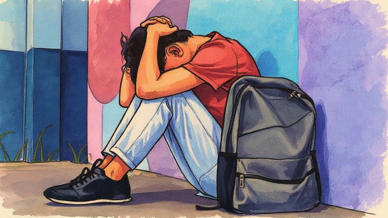 Adolescente sentado em um banco, aparentando estar triste, com expressão de desconforto (Foto: Reprodução)