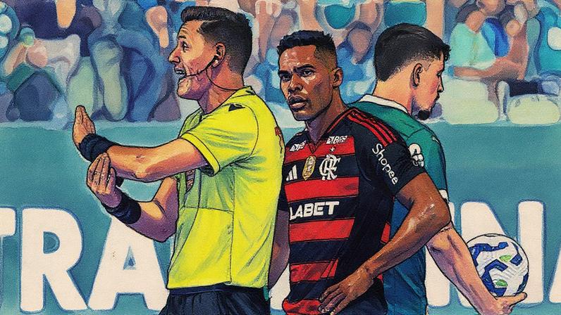 Árbitro marca dois pênaltis após consultar o VAR durante o jogo entre Palmeiras e Flamengo (Foto: Reprodução)