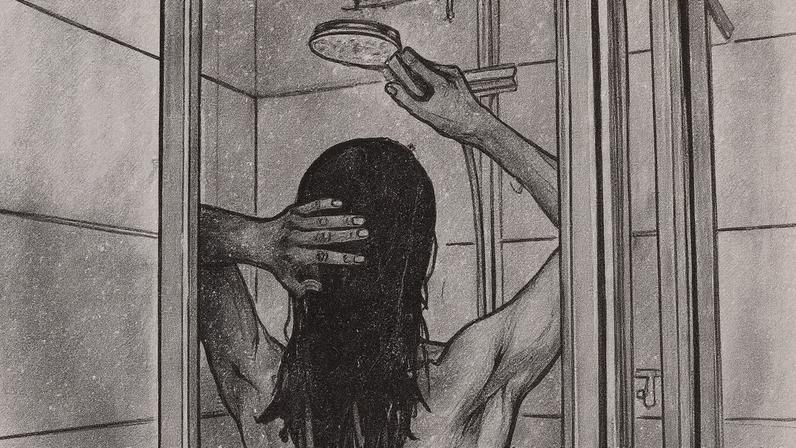 Banho em andamento com espuma e produtos de higiene visíveis (Foto: Reprodução)