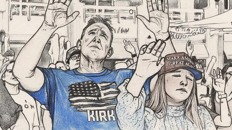 Pessoas ouvem uma canção de adoração na área externa antes de um memorial para o ativista conservador Charlie Kirk, no State Farm Stadium em Glendale, Arizona (Foto: Reprodução)