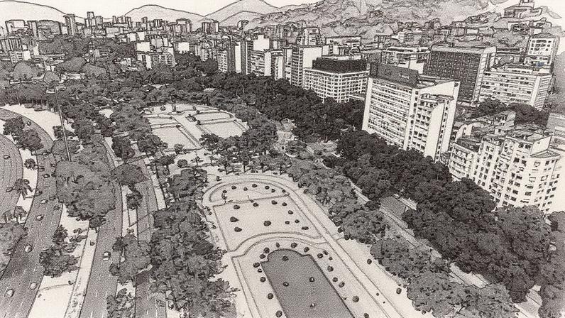 Vista aérea da Praça Paris, na Glória, com ensaios de blocos em andamento (Foto: Reprodução)