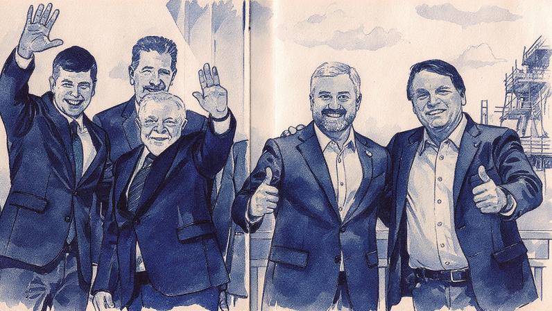 Montagem com os presidentes do Brasil, Luiz Inácio Lula da Silva, e do Paraguai, Santiago Peña, durante encontro no Palácio do Alvorada, em 2023, e o então presidente do Brasil, Jair Bolsonaro, com o presidente do Paraguai, Mario Abdo Benitez, na ponte da integração em Foz do Iguaçu, em 2020. Os dois países negociam o preço do gasto socioambiental da usina desde 2022 (Foto: Reprodução)