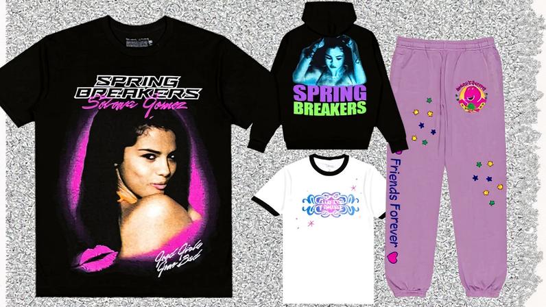 Coleção de produtos nostálgicos da Complex Shop com Selena Gomez, destacando peças selecionadas para compra (Foto: Reprodução)