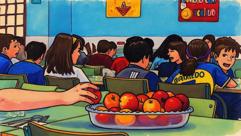 Comedor de colégio com um prato de frutas em primeiro plano (Foto: Reprodução)