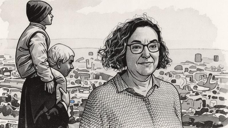 Cristina Maragall está na entrada da fundação ao lado de uma grande fotografia de seu pai, Pascual Maragall, passeando pela estrada de les Aigües com seu neto, Nuno de Castro Maragall, há cerca de 15 anos, quando o político já havia sido diagnosticado com alzheimer (Foto: Reprodução)