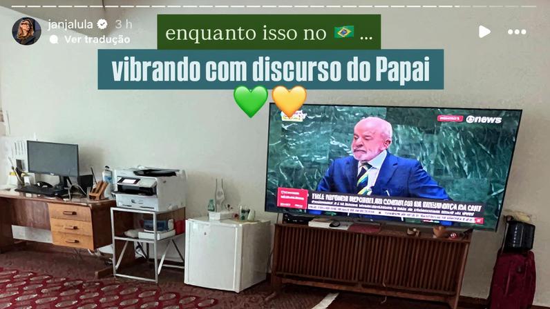 Janja mostra pets assistindo à fala de Lula na ONU (Foto: Reprodução)