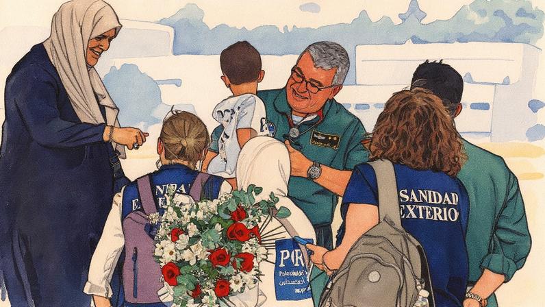 Famílias de 15 crianças chegam à base aérea de Torrejón de Ardoz, em Madrid, provenientes de Gaza, via El Cairo, em julho do ano passado (Foto: Reprodução)