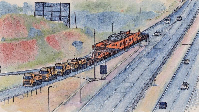 Conjunto transportador com quatro cavalos, 135 metros de comprimento, 59 eixos e mais de 800 toneladas na Via Dutra (Foto: Reprodução)