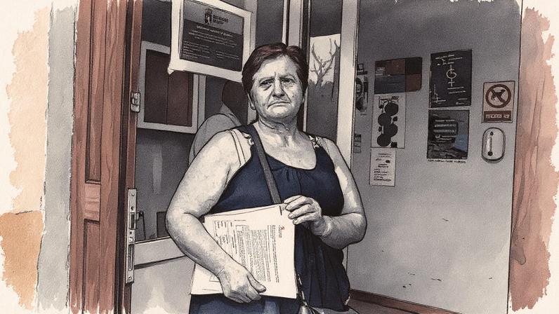 Mulher aguarda na porta do ayuntamiento para solicitar ajuda após incêndio florestal em Las Médulas (Foto: Reprodução)