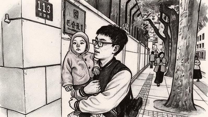 Homem segurando um bebê caminha por uma rua no distrito de Xuhui, em Xangai (Foto: Reprodução)