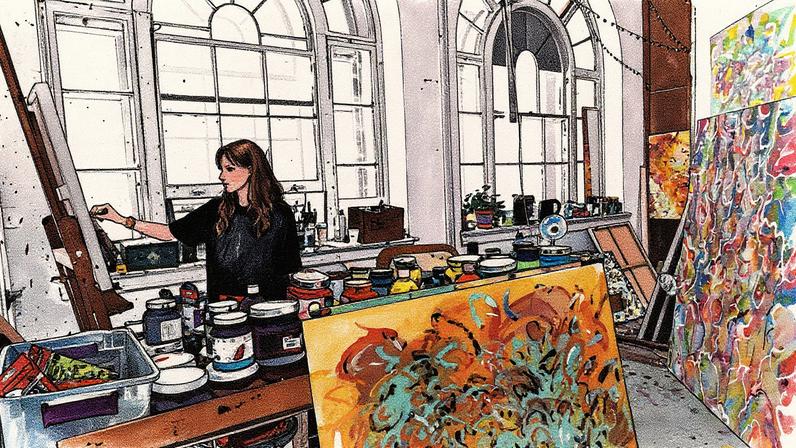 Pintora em seu estúdio, permitindo que a IA reproduza seus quadros (Foto: Reprodução)