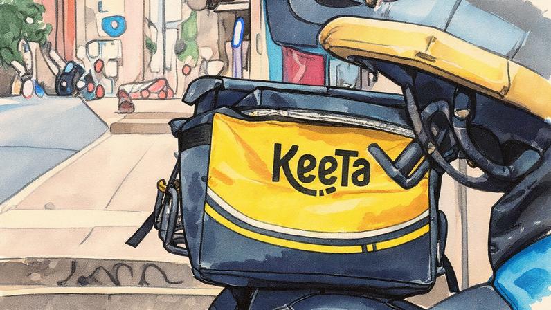 Caixa de entrega da Keeta, marca da Meituan, posicionada na garupa de uma moto (Foto: Reprodução)