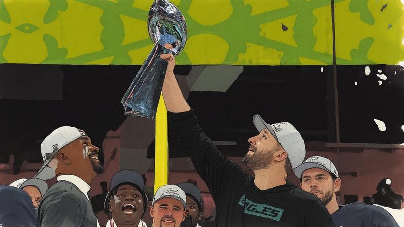 Jalen Hurts, quarterback do Philadelphia Eagles, sorri enquanto o treinador Nick Sirianni levanta o troféu Vince Lombardi (Foto: Reprodução)
