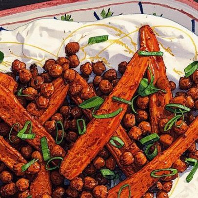 Creme de iogurte e feta acompanha cenouras e grão-de-bico apimentados