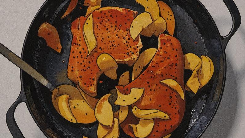 Costeletas de porco com maçãs na frigideira, cobertas com caramelo de missô (Foto: Reprodução)