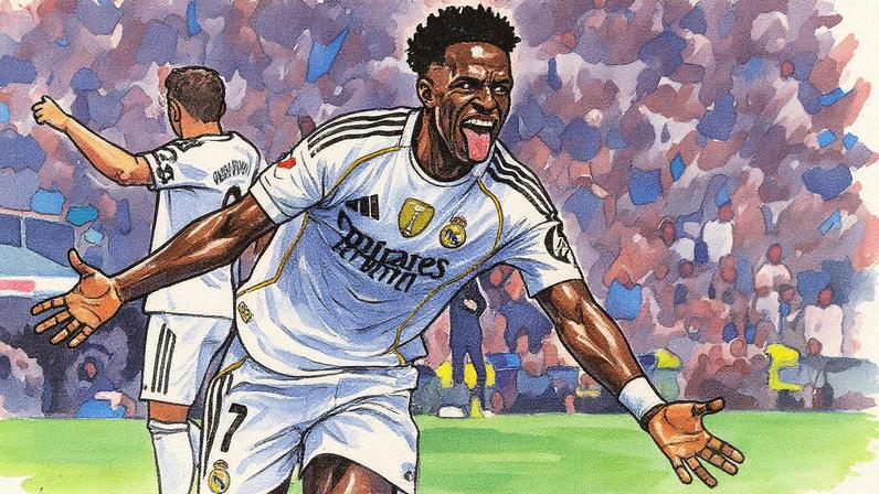 Vinicius celebra seu gol contra o Mallorca no Estádio Santiago Bernabéu (Foto: Reprodução)