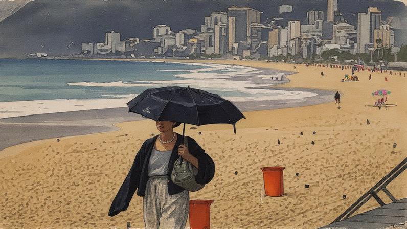 Chuva e frio na Praia do Arpoador, na Zona Sul (Foto: Reprodução)