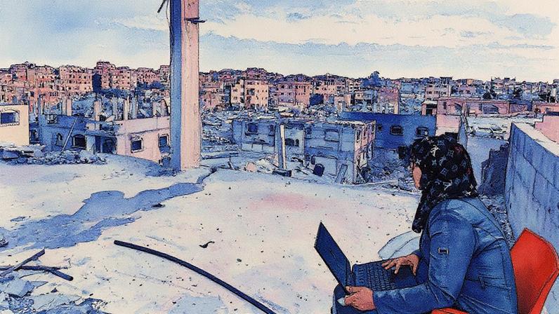 Mulher submete uma aplicação em cima de um prédio danificado em Rafah, sul da Gaza (Foto: Reprodução)