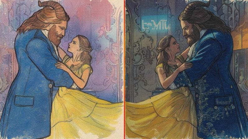 A side-by-side image shows the Beast and Bell from the 2017 remake and Aerith from FF7 Rebirth.