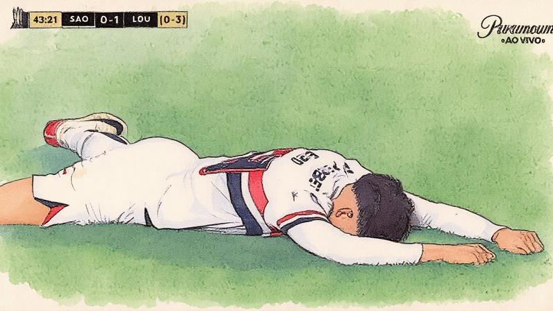 Enzo Díaz, jogador do São Paulo, deitado no gramado após a eliminação na Libertadores • Reprodução/Paramount+